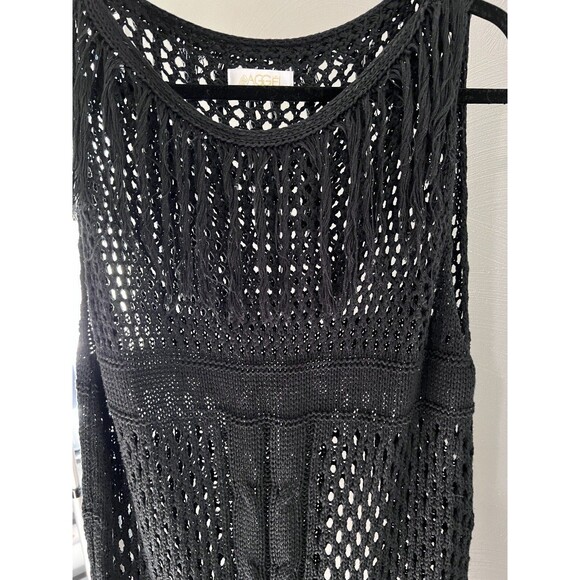 Aggel Knitwear Women’s XL Black Open Knit Dress Crochet Fringed Swim Cover NWOT - Picture 3 of 15